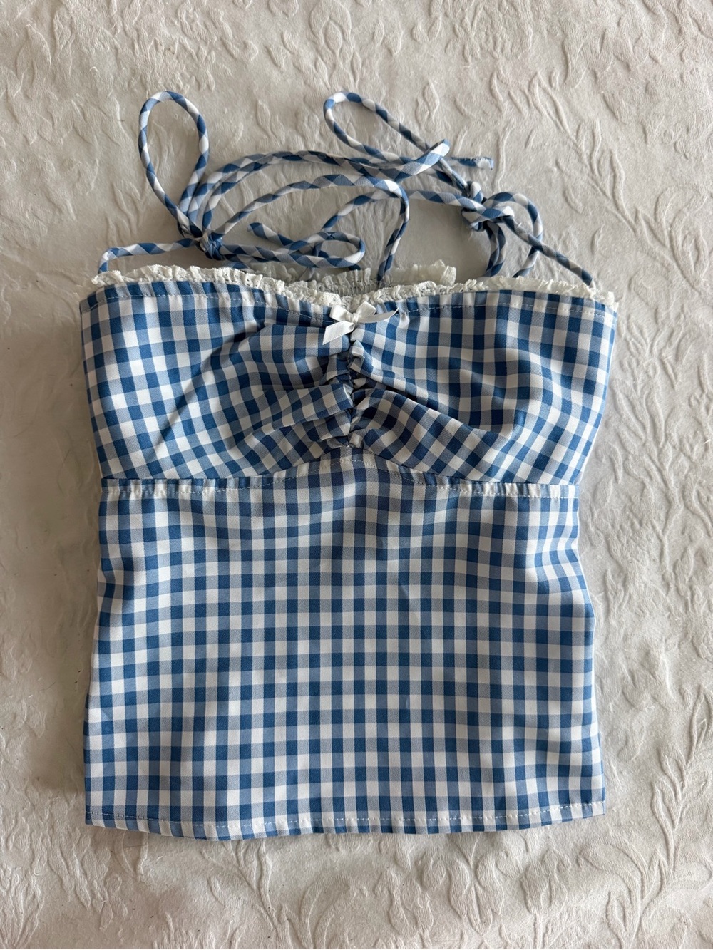 Edikted Blue Gingham Lace-Trim Top
